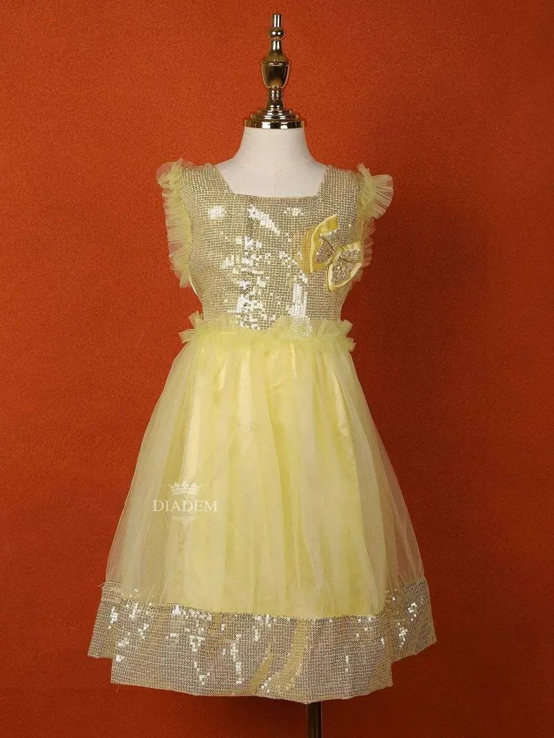 Light Yellow Net Gown Embellished With Sequins And Attached Bow 1