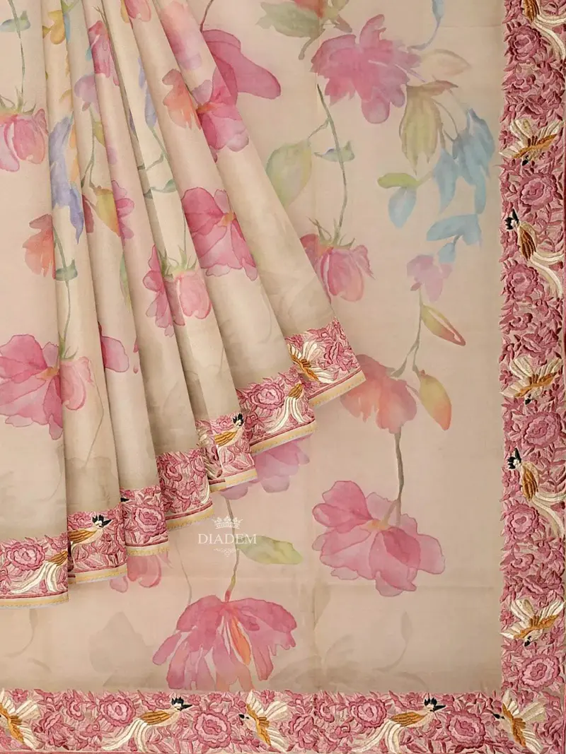Light Yellow Organza Saree With Floral Prints On The Body And Thread Work Embroidery Border 1
