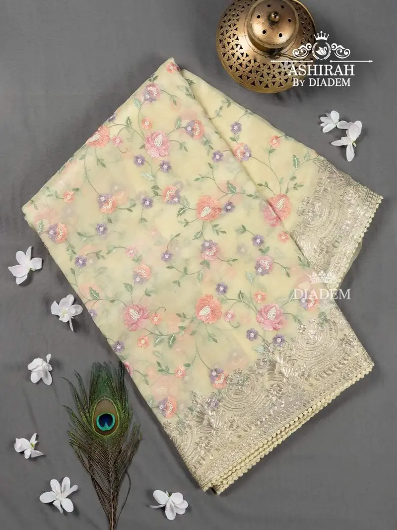 Light Yellow Organza Silk Saree Embellished With Floral Thread And Zari Embroideries 1