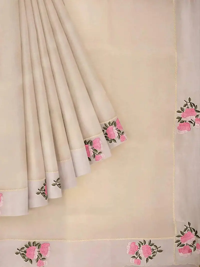 Light Yellow Organza Silk Saree With Plain Body And Thread Work Embroidery Border 1