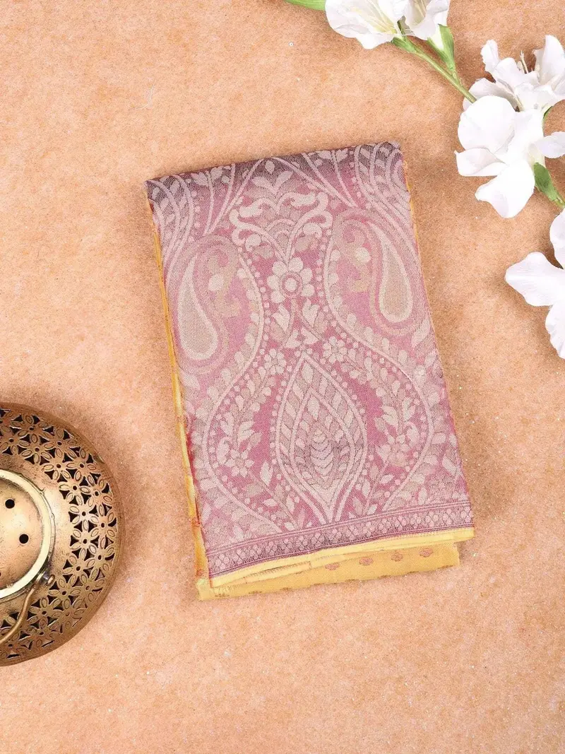 Light Yellow Pure Kanchipuram Bridal Silk Saree With Flower Design On The Body With Zari Border 1