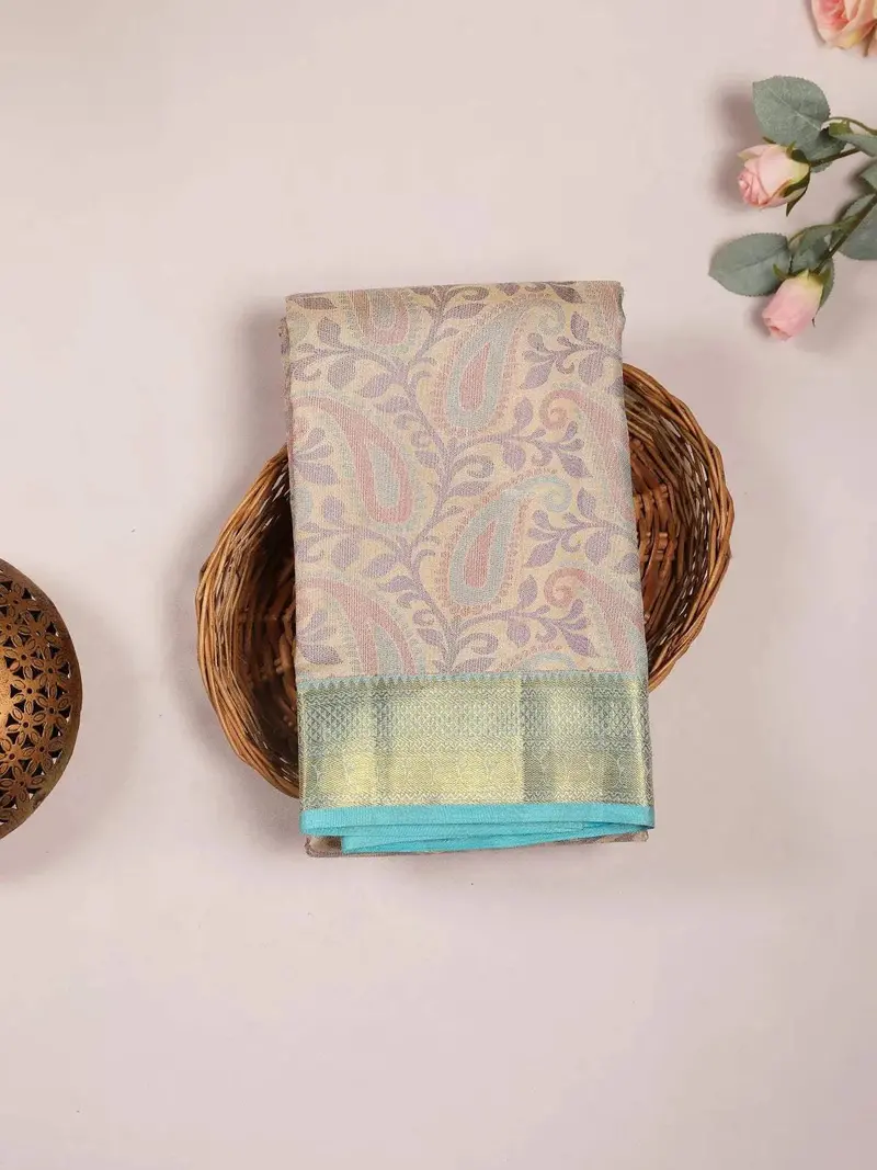 Light Yellow Pure Kanchipuram Bridal Silk Saree With Paisley Motif On The Body And Contrast Zari Border 1