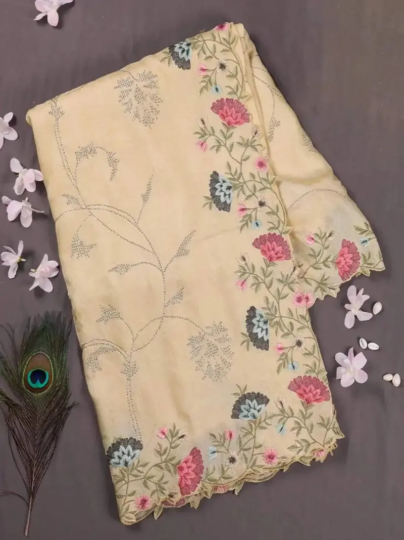 Light Yellow Pure Tussar Silk Saree With Floral Embroidery 1