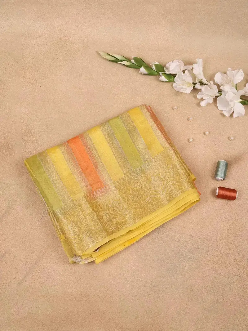 Light Yellow Semi Banarasi Saree With Stirpes Floral Design On The Body With Design Border 1