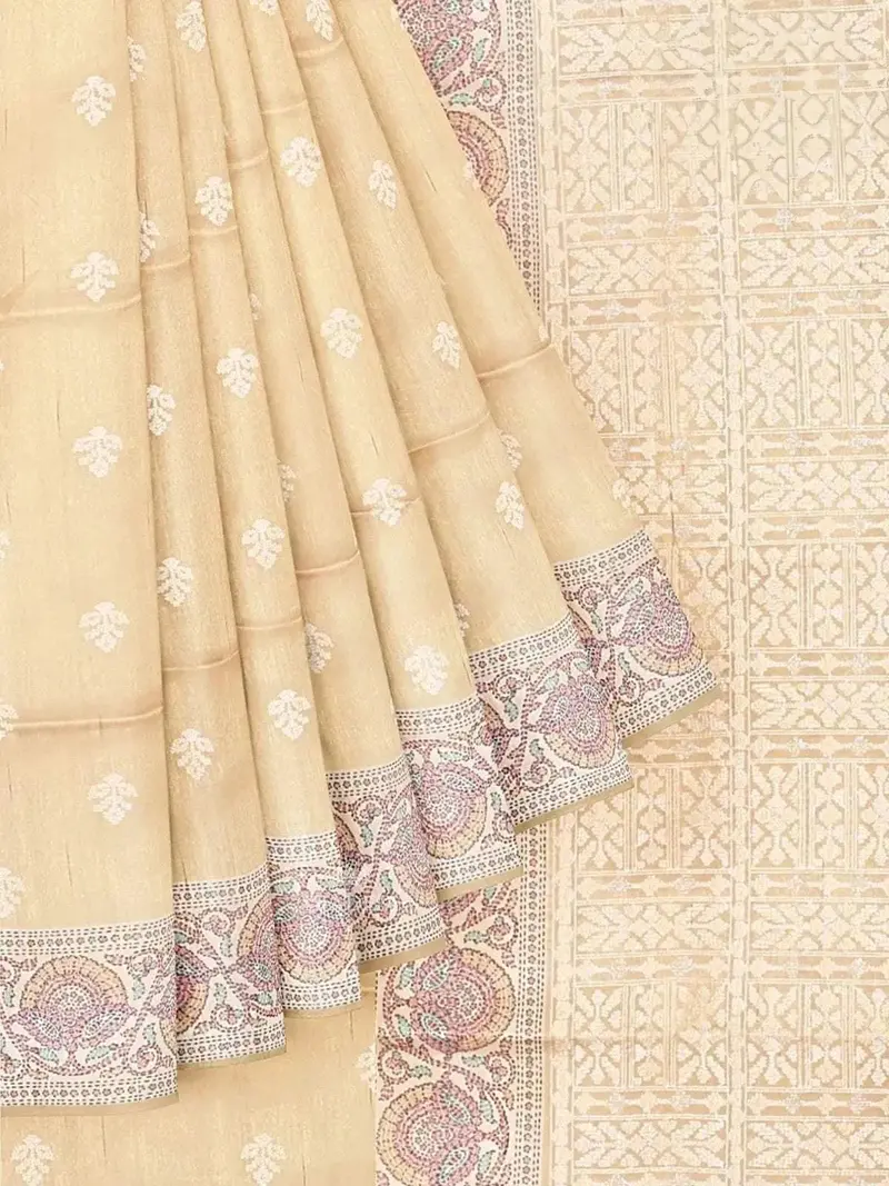 Light Yellow Semi Tussar Silk Saree With Floral Prints & Printed Border 1