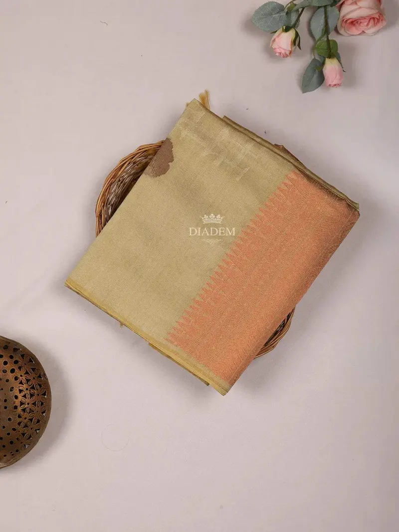 Light Yellow Semi Tussar Silk Saree With Flower Design On The Body And Without Border 1