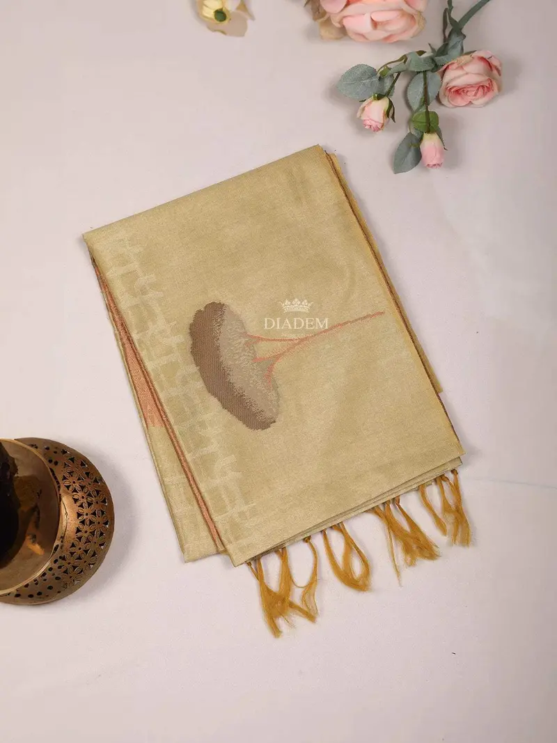 Light Yellow Semi Tussar Silk Saree With Flower Design On The Body And Without Border 2