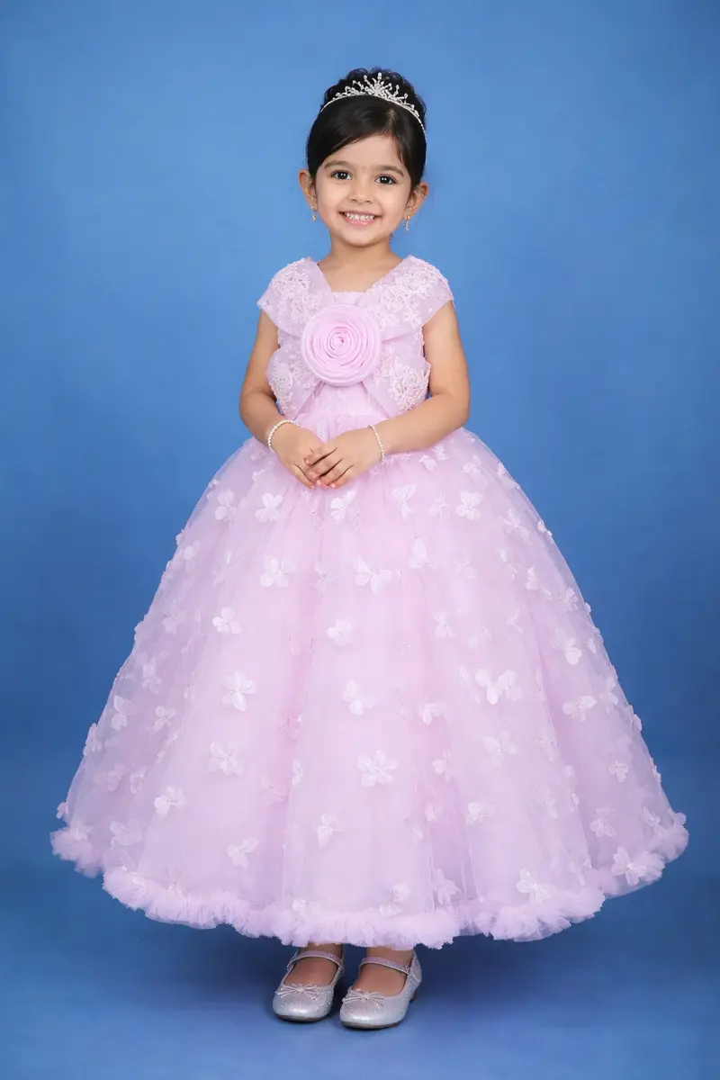 Lilac Butterfly Applique Embroidered Net Kids Gown 1