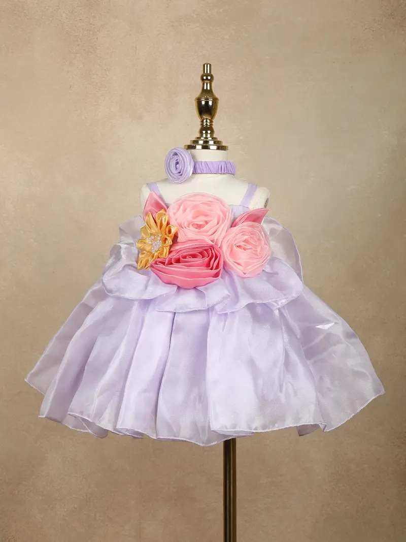 Lilac Floral Embellished Satin Organza Party Frock With Oversized Rosette Design 1