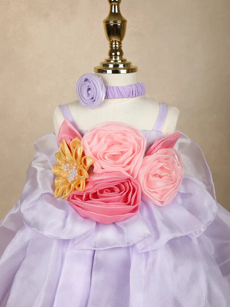 Lilac Floral Embellished Satin Organza Party Frock With Oversized Rosette Design 2