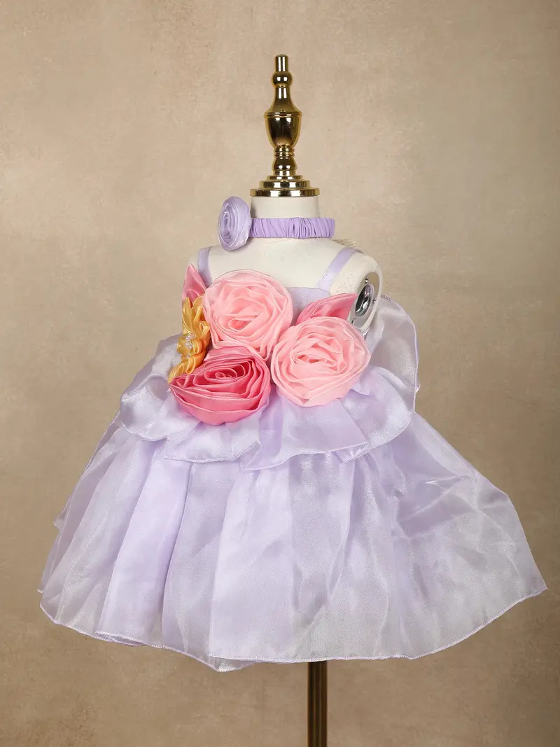 Lilac Floral Embellished Satin Organza Party Frock With Oversized Rosette Design 3