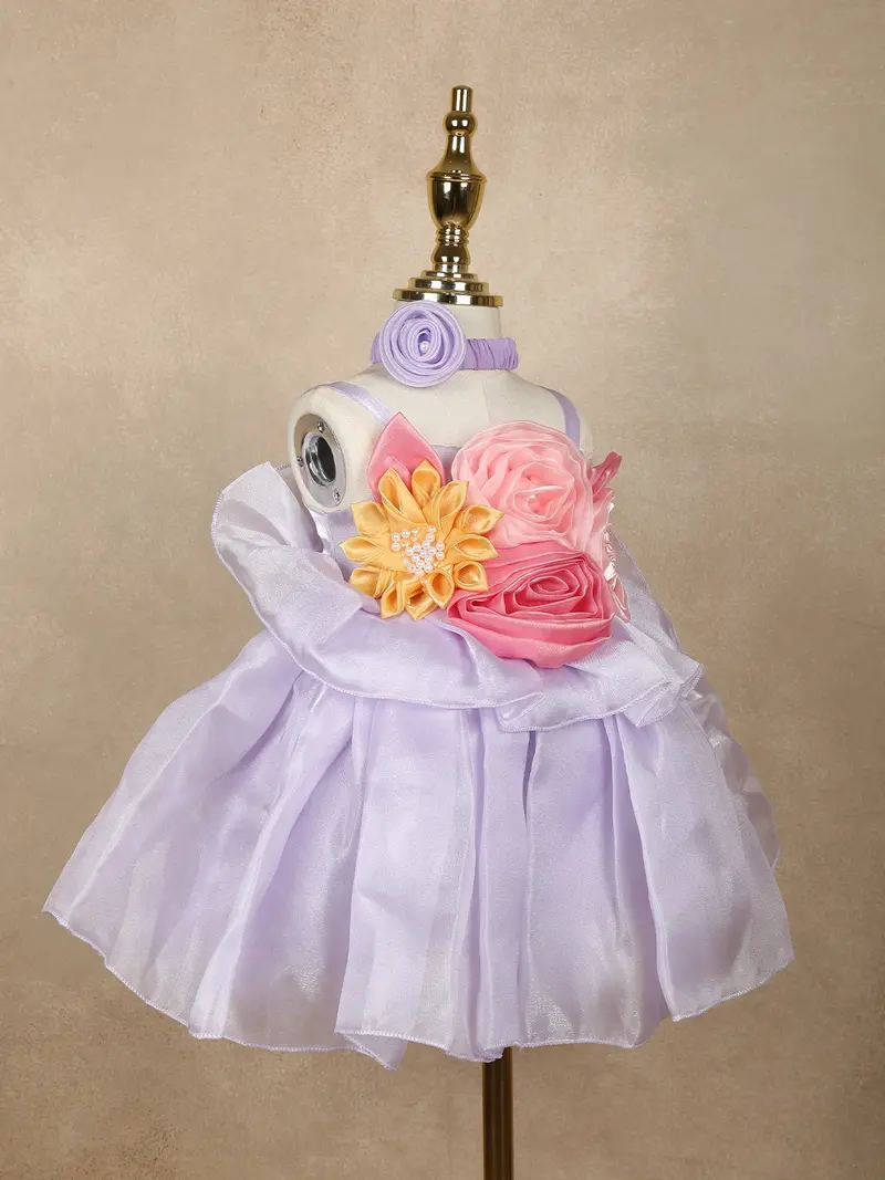 Lilac Floral Embellished Satin Organza Party Frock With Oversized Rosette Design 4