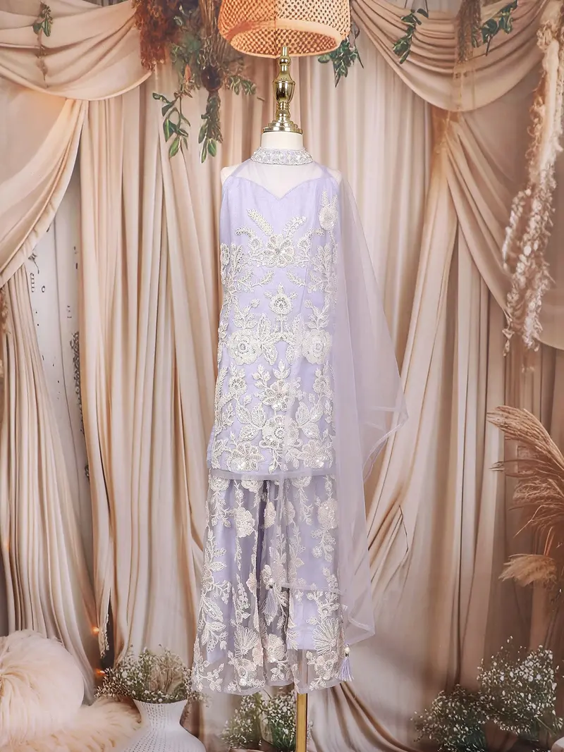 Lilac Floral Embroidered Design Net Palazzo Suit With Dupatta 1