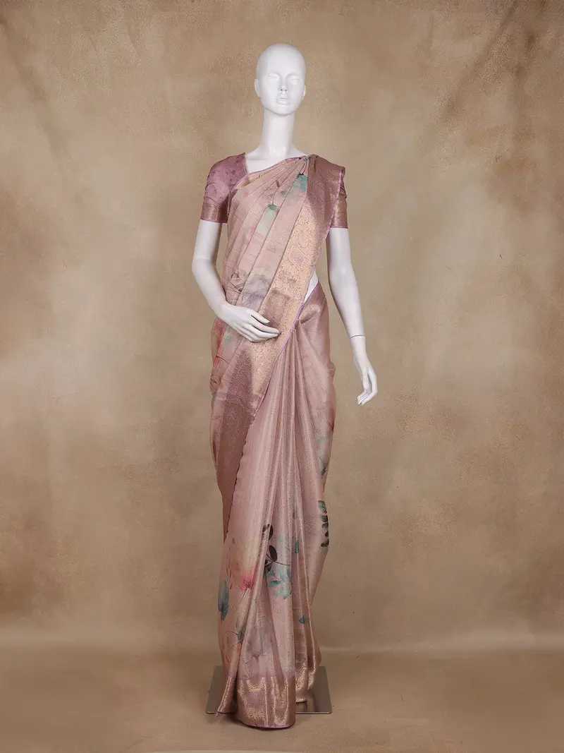 Lilac Floral Printed Design Tissue Silk Saree 1