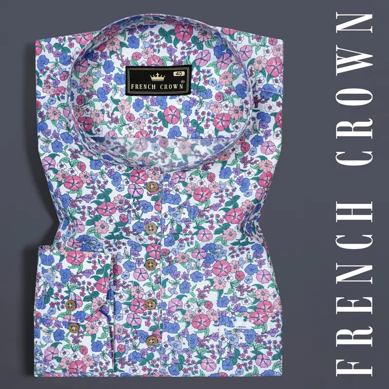 Lilac Multicolored Flower Printed Poplin Giza Cotton Shirt 1