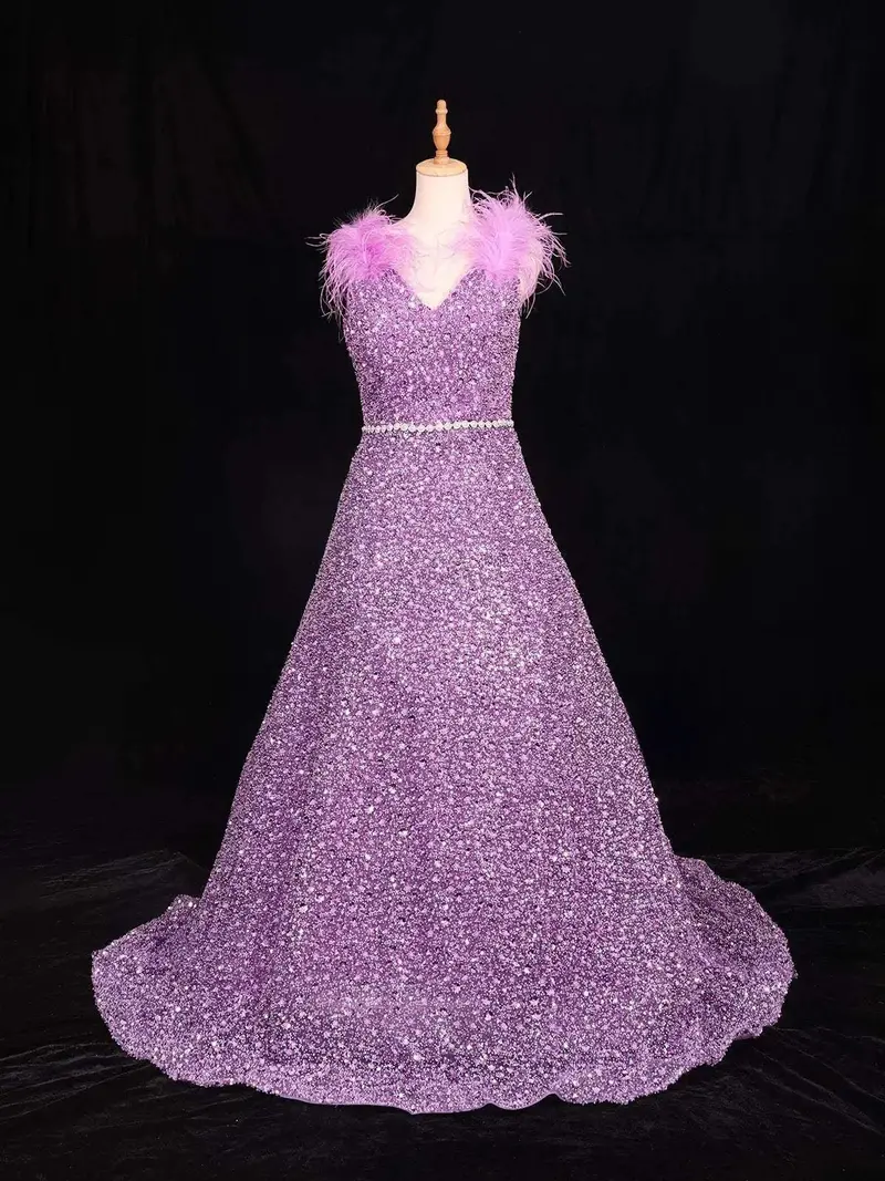 Lilac Net Gown With Sequins And Beads And Feather Sleeves 1