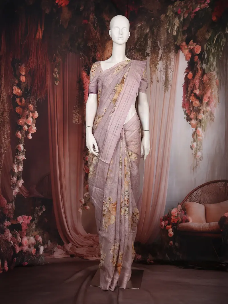 Lilac Purple Floral Printed Kota Cotton Saree With Woven Border 1