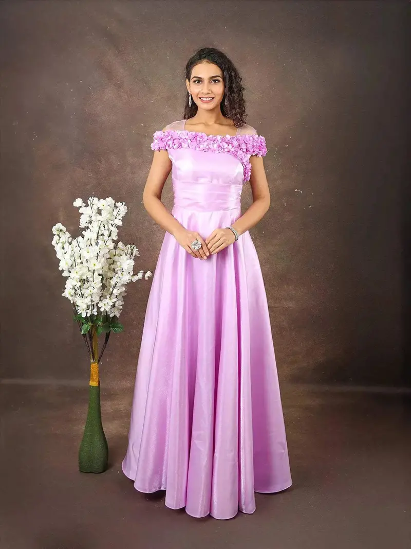 Lilac Satin Gown Adorned With 3D Flowers 1