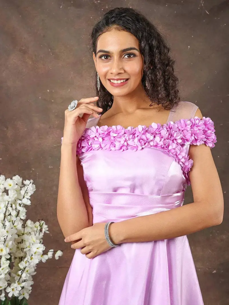 Lilac Satin Gown Adorned With 3D Flowers 2
