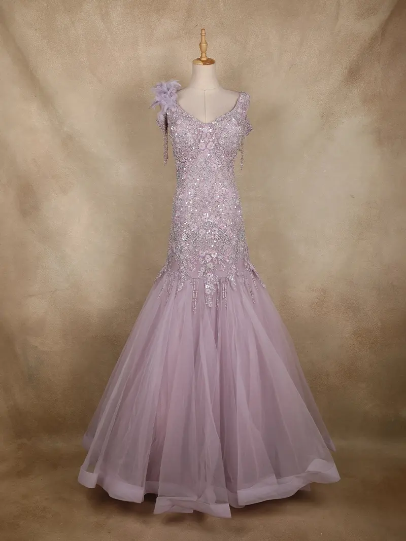 Lilac Sequins And Beads Embellished Design Net Mermaid Gown With Feather Shoulder Detail 1
