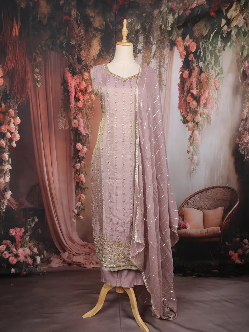 Lilac Sequins Embroidered Tissue Silk Suit With Dupatta 1