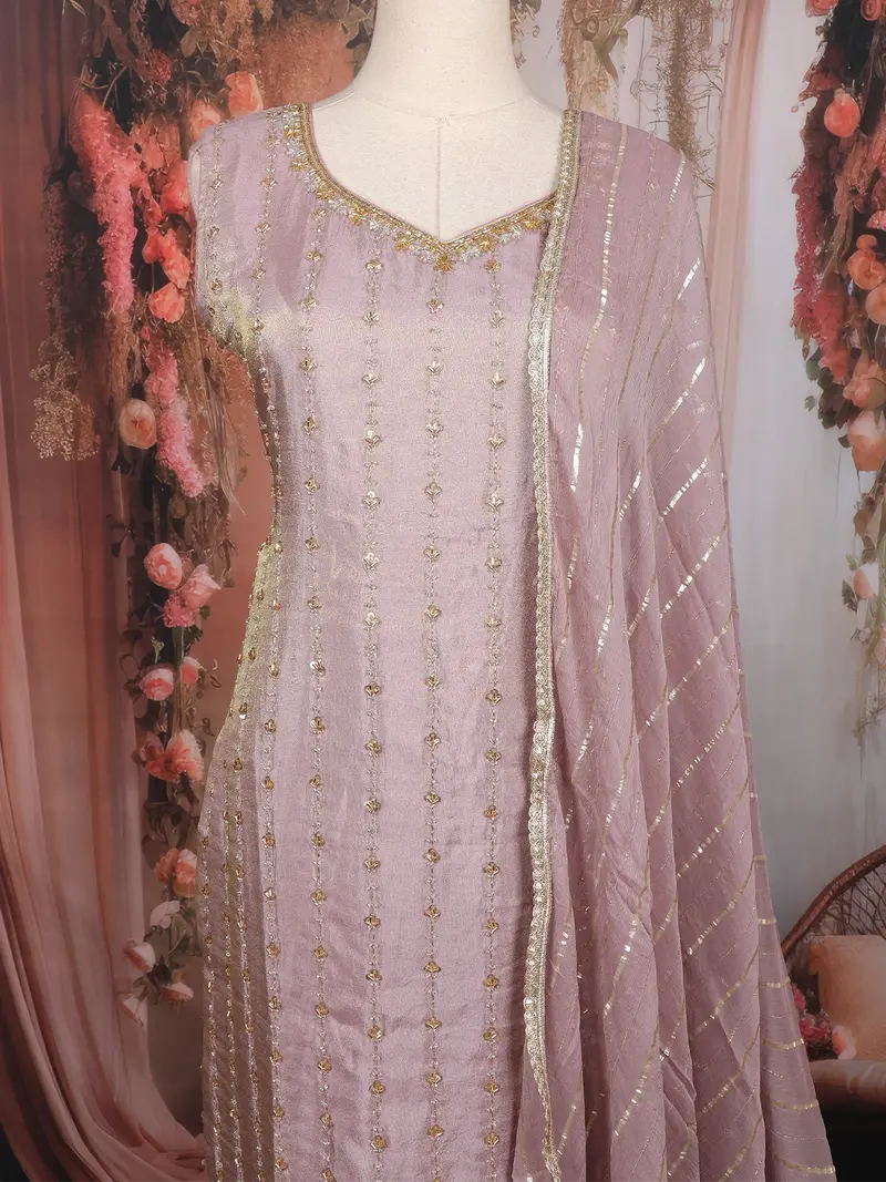 Lilac Sequins Embroidered Tissue Silk Suit With Dupatta 2