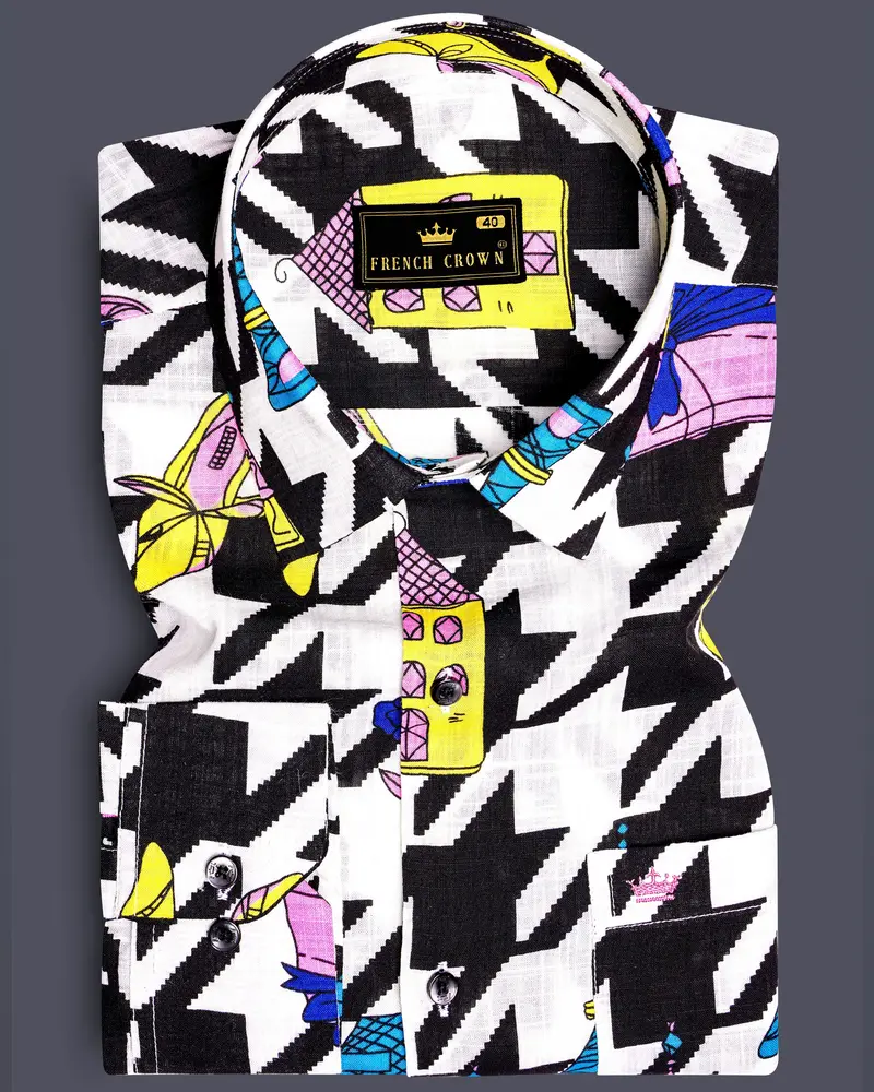Lilac Thread-Black & White With Lavender Pink Herringbone Printed Lightweight Premium Cotton Multicolor Casual Shirt 1