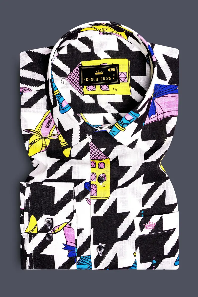 Lilac Thread-Black & White With Lavender Pink Herringbone Printed Lightweight Premium Cotton Multicolor Casual Shirt 2
