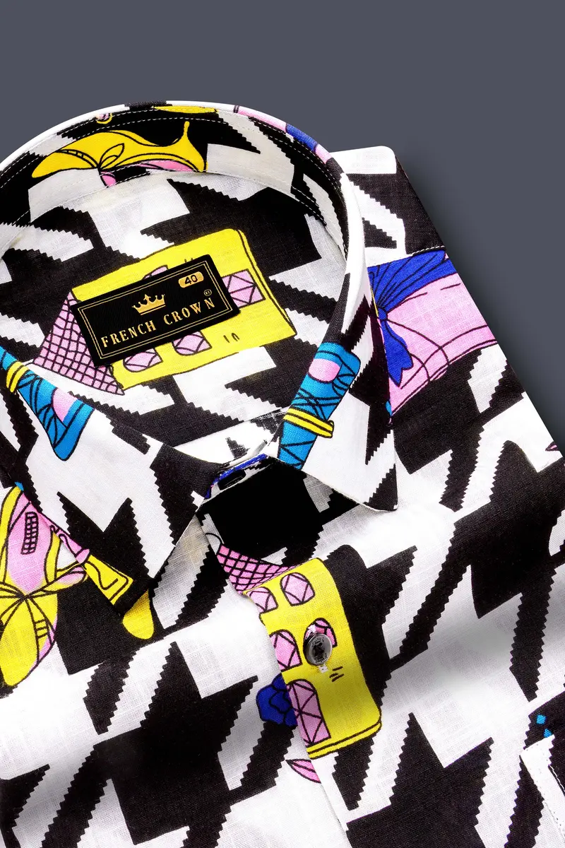 Lilac Thread-Black & White With Lavender Pink Herringbone Printed Lightweight Premium Cotton Multicolor Casual Shirt 4