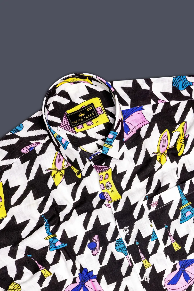 Lilac Thread-Black & White With Lavender Pink Herringbone Printed Lightweight Premium Cotton Multicolor Casual Shirt 5