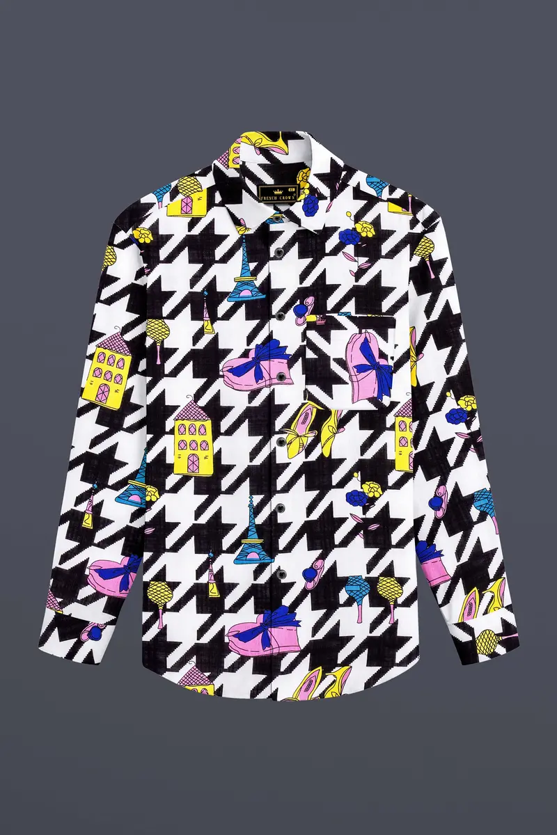 Lilac Thread-Black & White With Lavender Pink Herringbone Printed Lightweight Premium Cotton Multicolor Casual Shirt 6
