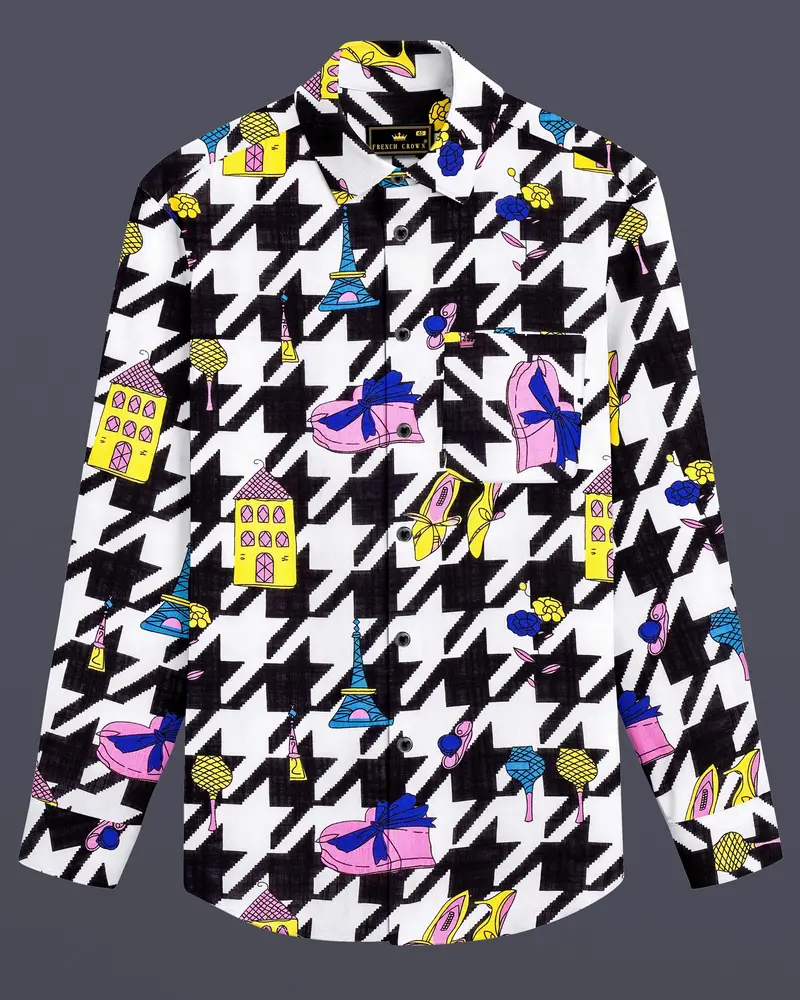 Lilac Thread-Black & White With Lavender Pink Herringbone Printed Lightweight Premium Cotton Multicolor Casual Shirt 8