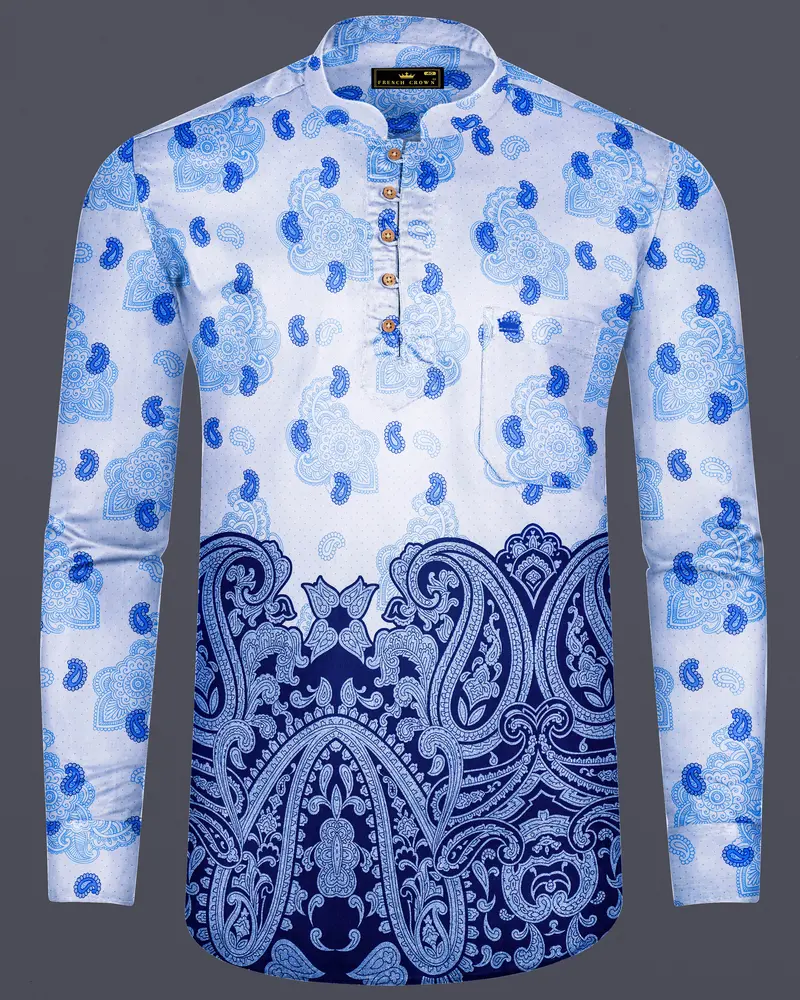 Lilaysh-Periwinkle Blue And Bright White Paisleys Printed Chambray Premium Cotton Casual Kurta Shirt 1