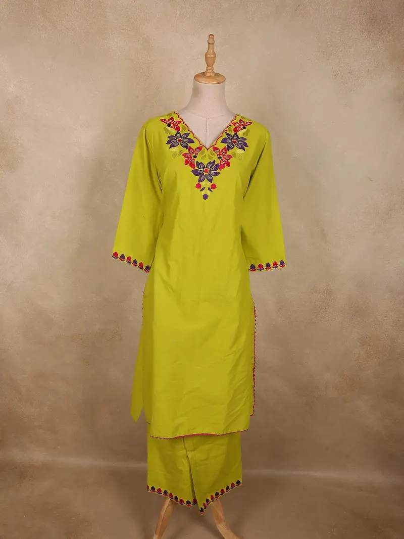 Lime Chartreuse Green Floral Thread Embroidered Design Cotton Salwar 1