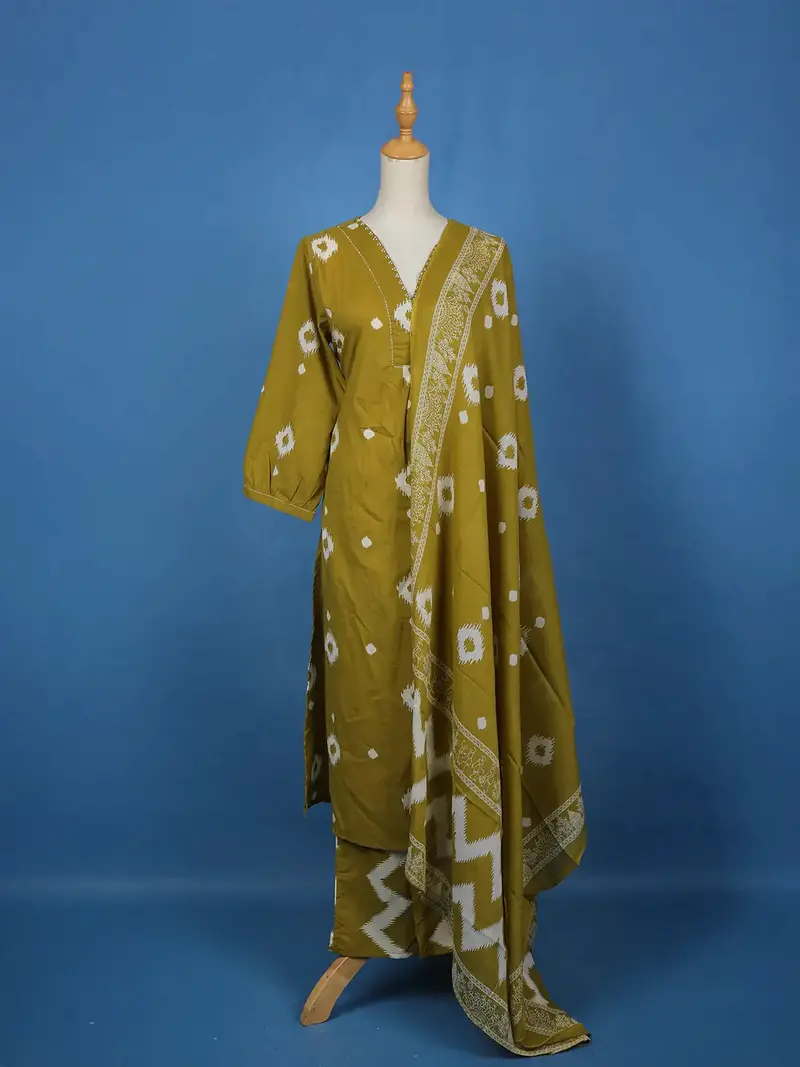 Lime Green Abstract Designed Cotton Salwar Suit 1