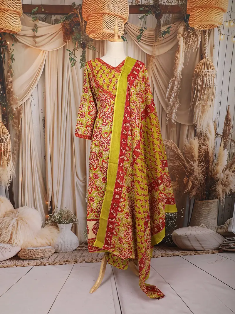 Lime Green And Red Floral Printed Cotton Salwar Suit With Dupatta 1