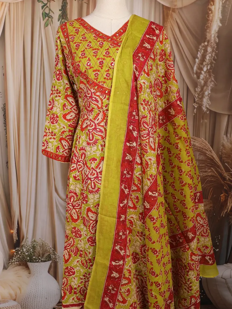 Lime Green And Red Floral Printed Cotton Salwar Suit With Dupatta 2
