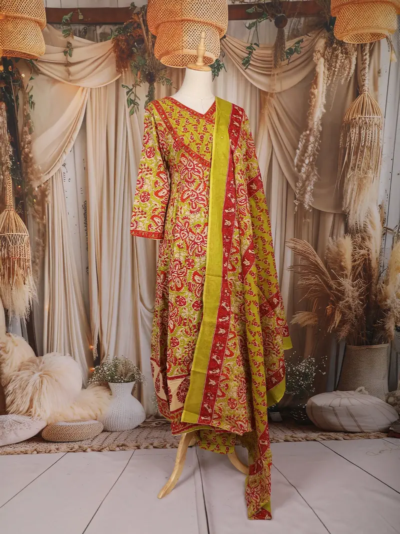 Lime Green And Red Floral Printed Cotton Salwar Suit With Dupatta 3