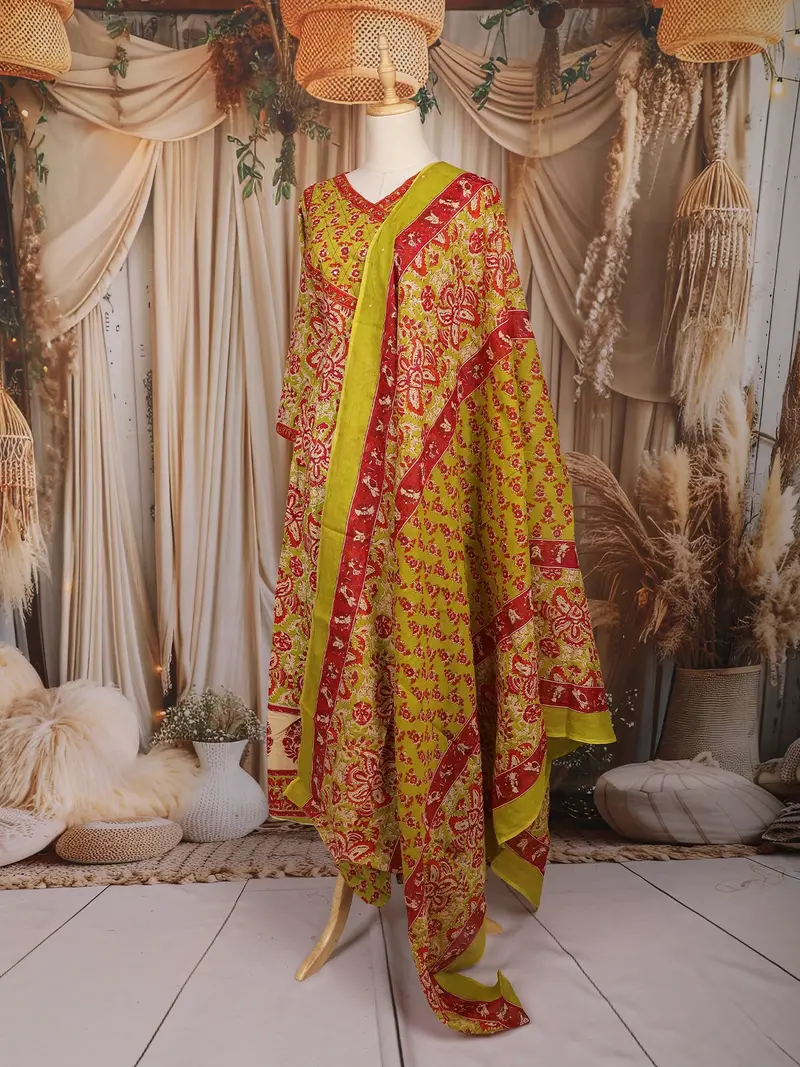 Lime Green And Red Floral Printed Cotton Salwar Suit With Dupatta 4