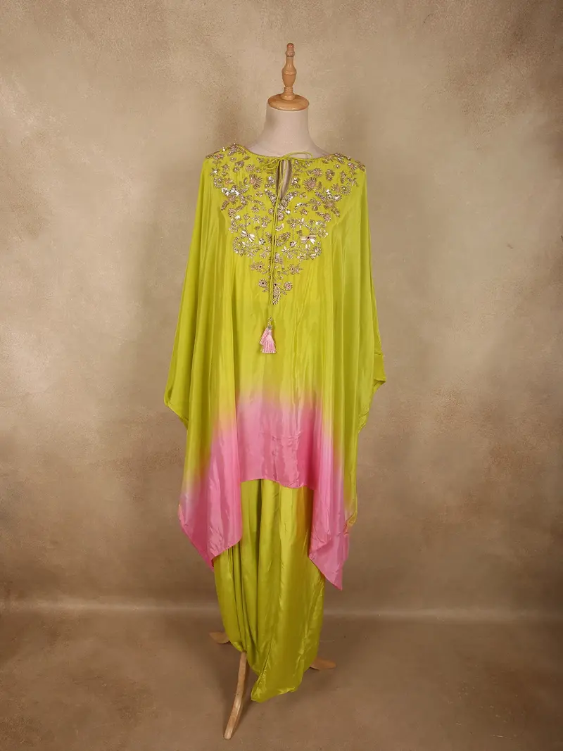 Lime Green And Soft Blush Pink Solid Sequins And Beads Embroidered Design Soft Satin Indo Western Kaftan Set 1