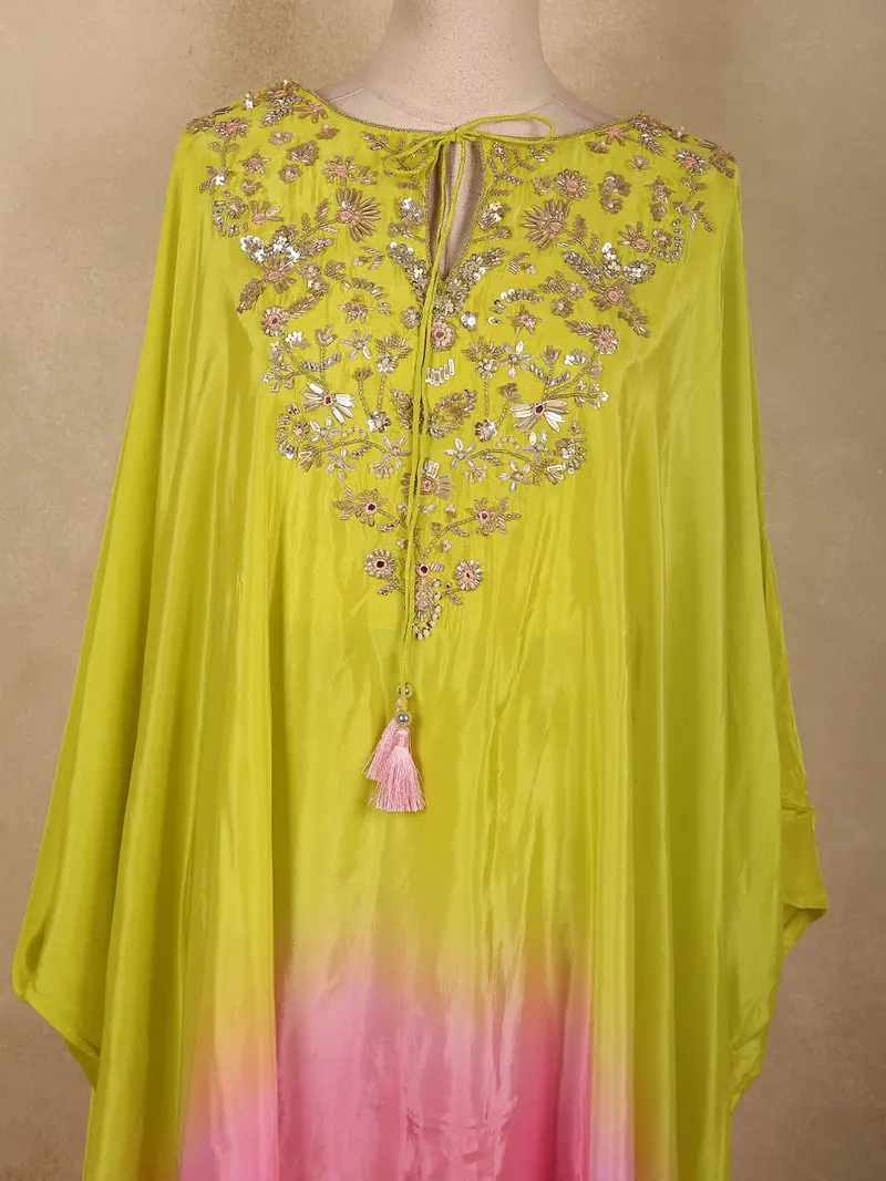 Lime Green And Soft Blush Pink Solid Sequins And Beads Embroidered Design Soft Satin Indo Western Kaftan Set 2
