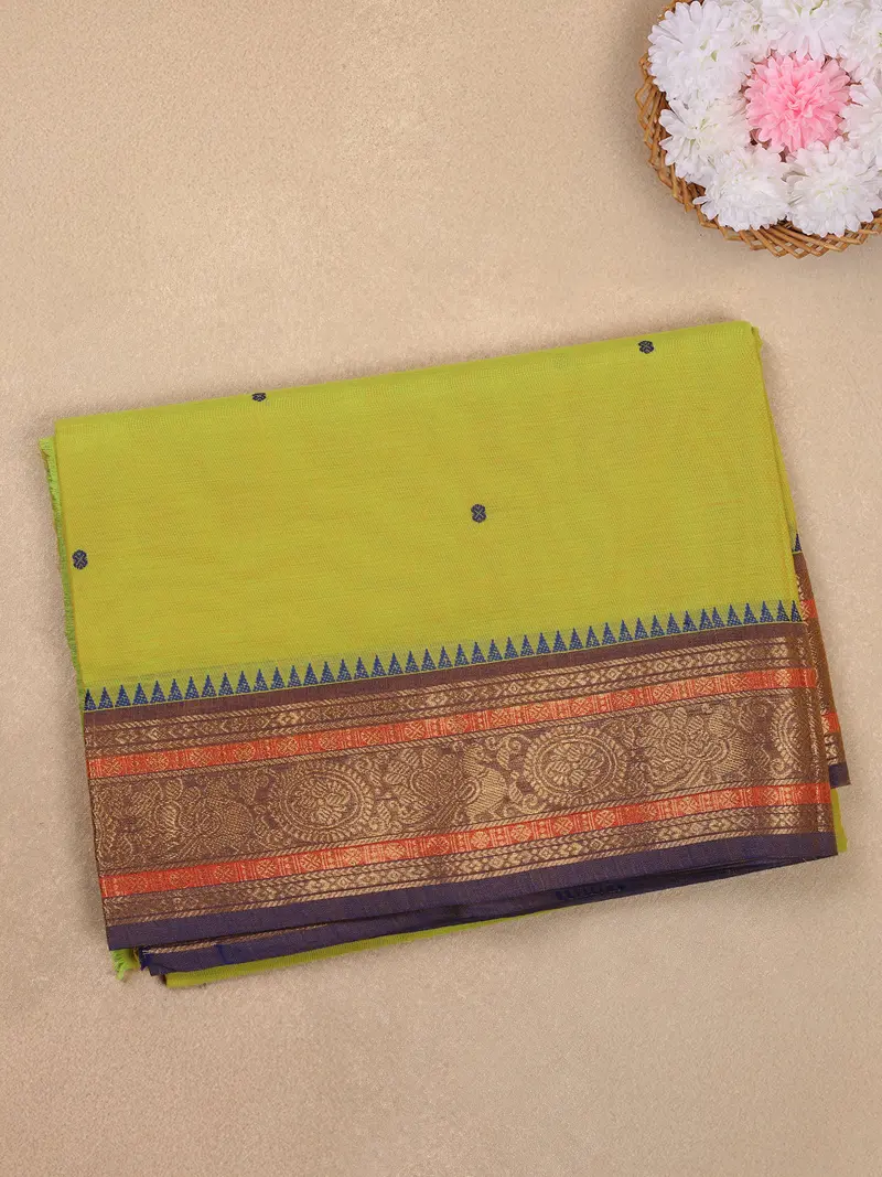 Lime Green Butta Woven Design Cotton Saree With Contrast Zari Border 1