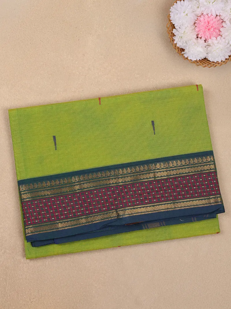 Lime Green Butta Woven Design Cotton Saree With Contrast Zari Border 1