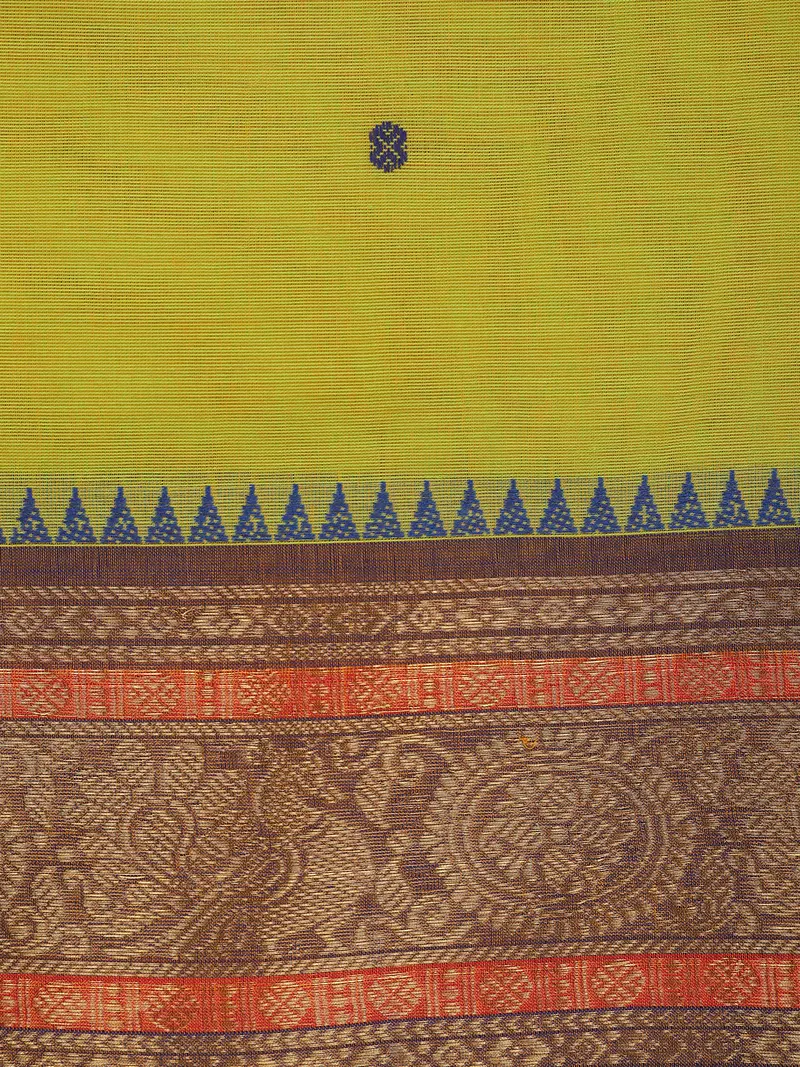 Lime Green Butta Woven Design Cotton Saree With Contrast Zari Border 2