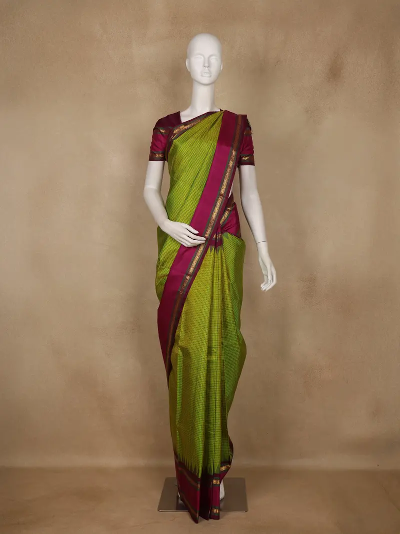 Lime Green Checked Woven Pure Kanchipuram Silk Saree 1