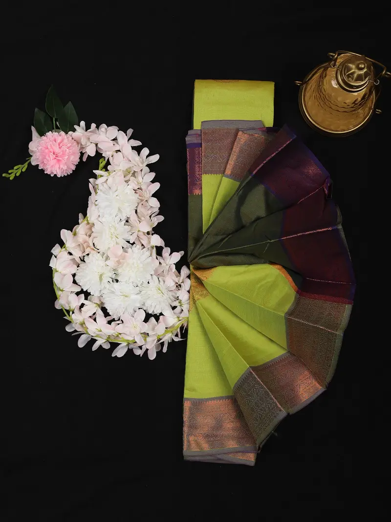 Lime Green Floral Butta Design Soft Silk Saree With Contrast Purple Zari Border 1
