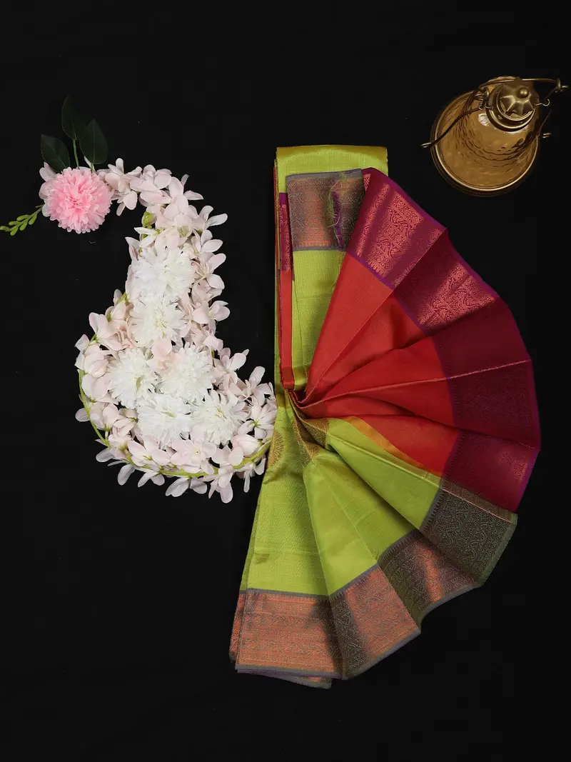 Lime Green Floral Butta Design Soft Silk Saree With Contrast Purple Zari Border 1