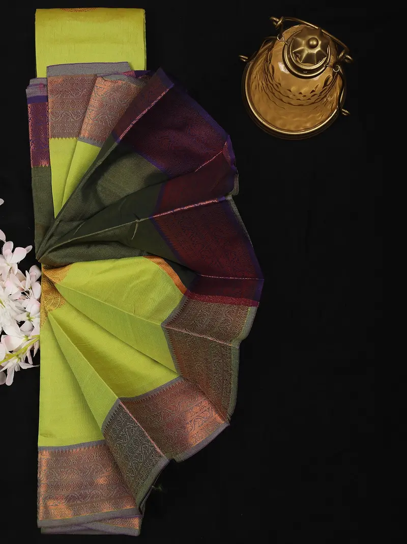 Lime Green Floral Butta Design Soft Silk Saree With Contrast Purple Zari Border 2