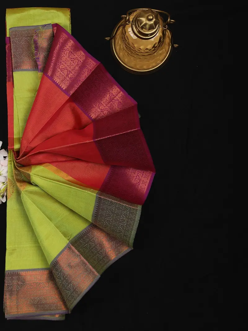 Lime Green Floral Butta Design Soft Silk Saree With Contrast Purple Zari Border 2