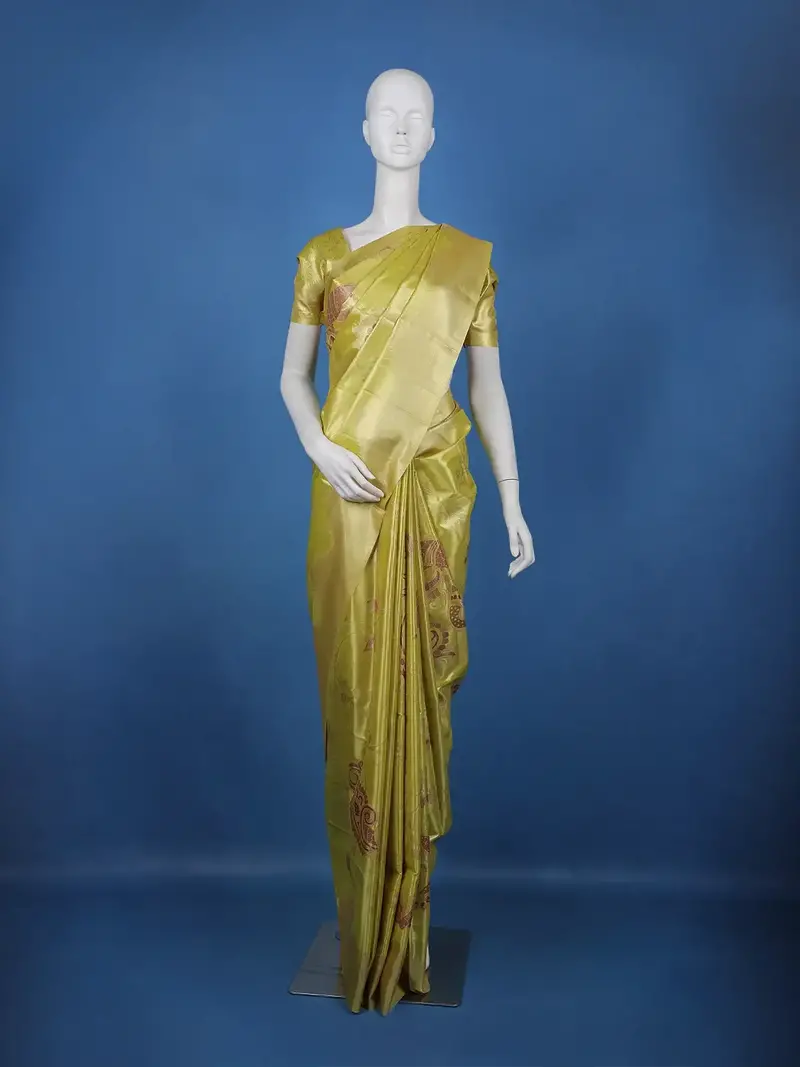 Lime Green Floral Design Tissue Saree 1